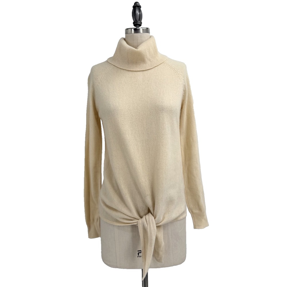 Massimo Dutti Turtleneck Sweater XS Wool Cashmere Tie Front Beige Minimalist - Picture 2 of 12